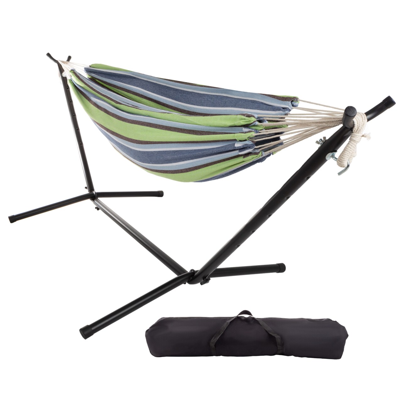 Double Hammock With Stand Carry Case Extra Wide 400 Pounds Blue Lime Stripes
